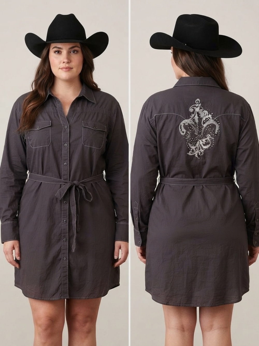 Rock 47 by Wrangler Gray Western Embellished Beaded Long Sleeve Shirt Dress XXL